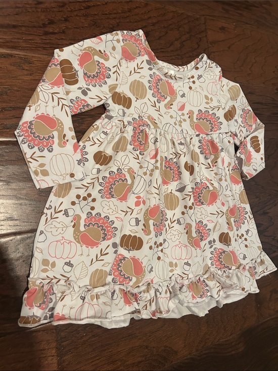 Stitchy Fish Other - Stitchy Fish Cream Long-Sleeve Pumpkin & Turkey Print Dress